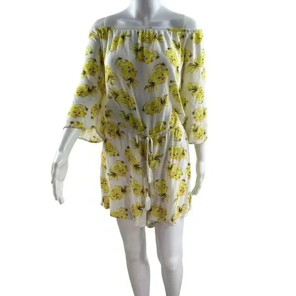 White House Black Market Pineapple print romper L Off Shoulder tie belt tassels - Picture 11 of 15
